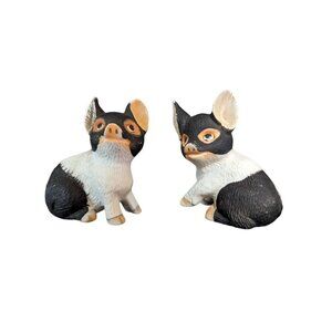 vtg Hand-Painted Black White Ceramic Pig Figurines 3.5" Pair Sitting‎  Reclining